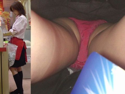 お仕事中の店員さんってパンツ見放題！？無防備な下半身まる見え…完全にアウトなローアングルエロ画像